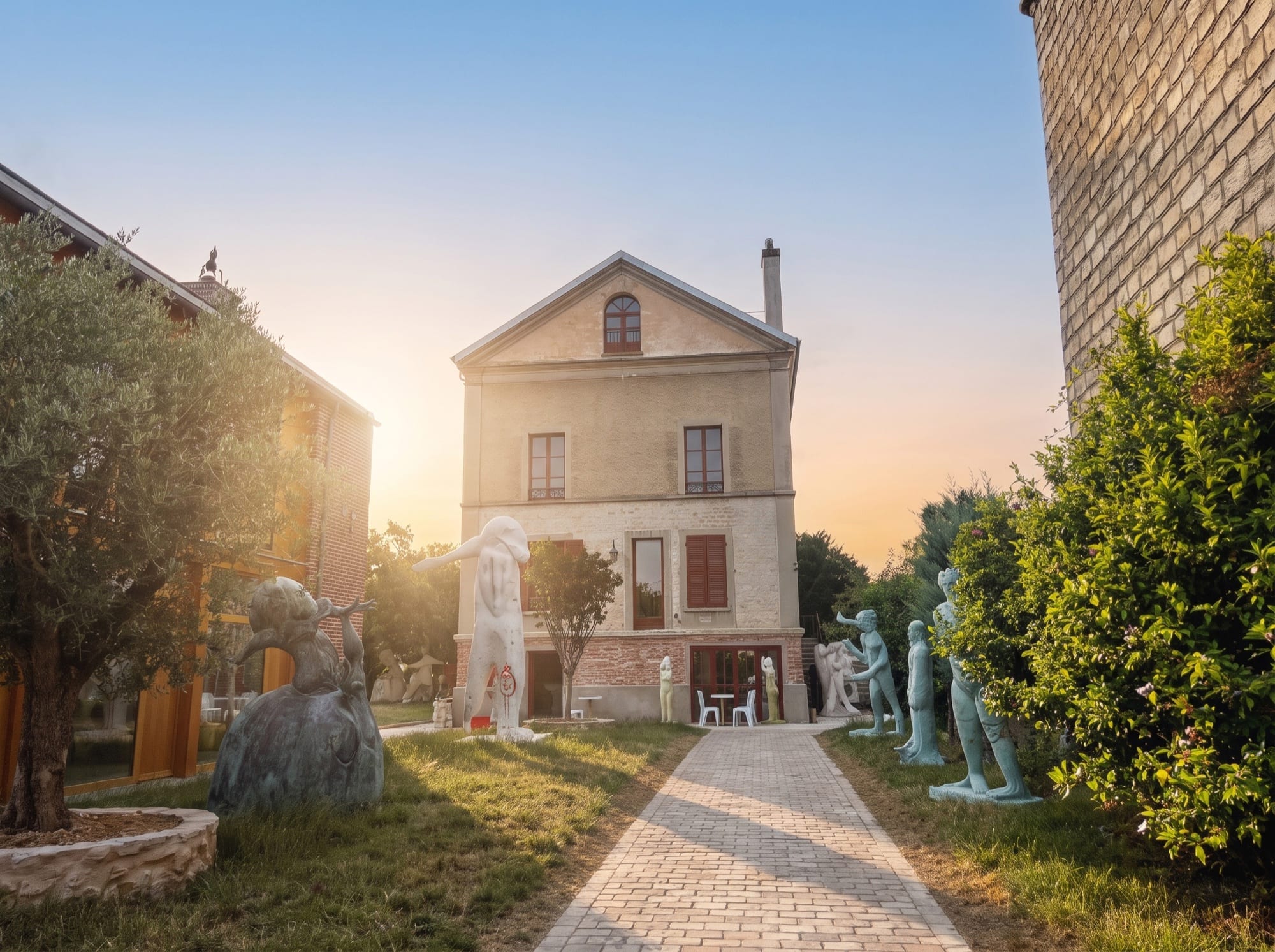 La maison du LabMusée et son jardin de sculptures à l’heure dorée