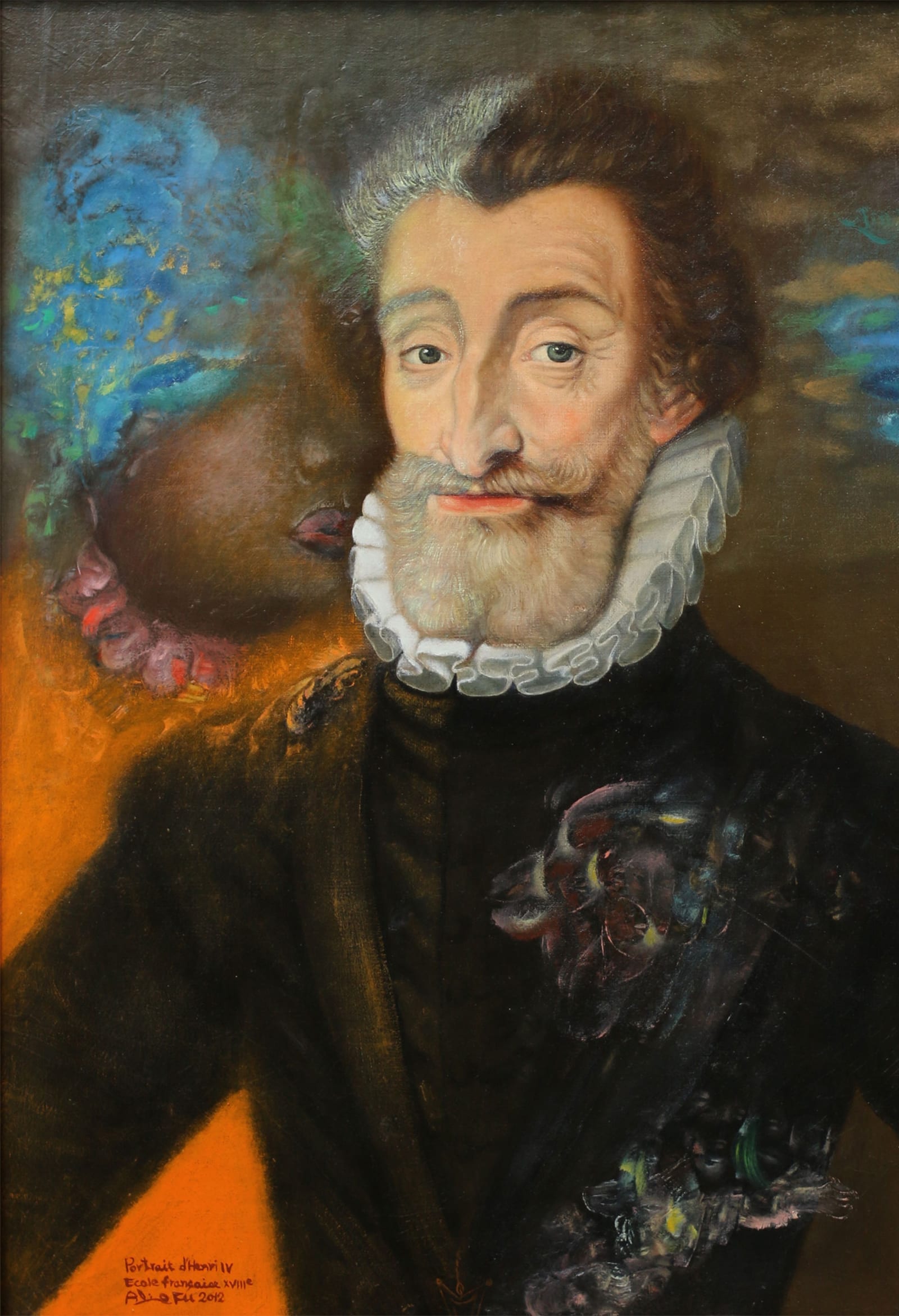 The king is still painted the old way; it is the background that opens up, and contemporary colour that fills what the canvas had lost.