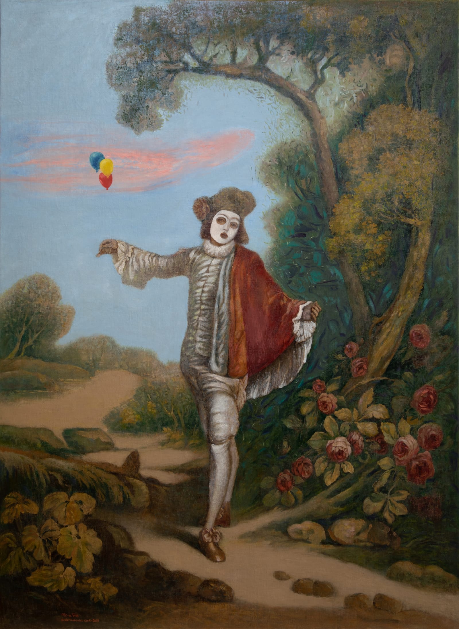 Une scène galante du XVIIIᵉ siècle : le personnage garde son costume et sa cape, mais son visage devient masque blanc, et trois ballons s'échappent dans un ciel d'aujourd'hui.