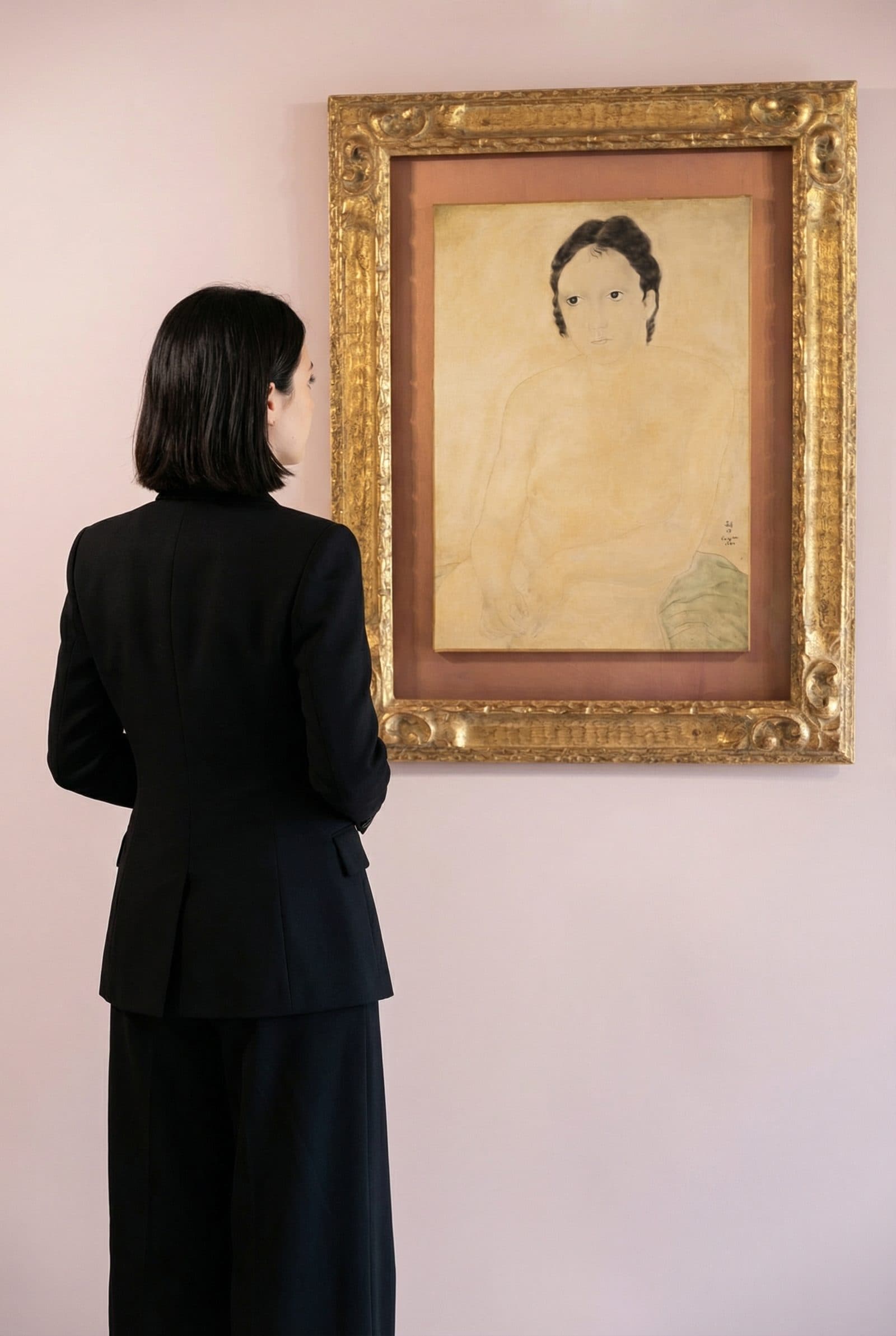 A visitor facing Foujita's Bust of a Young Girl, in Treasures of the Belle Époque