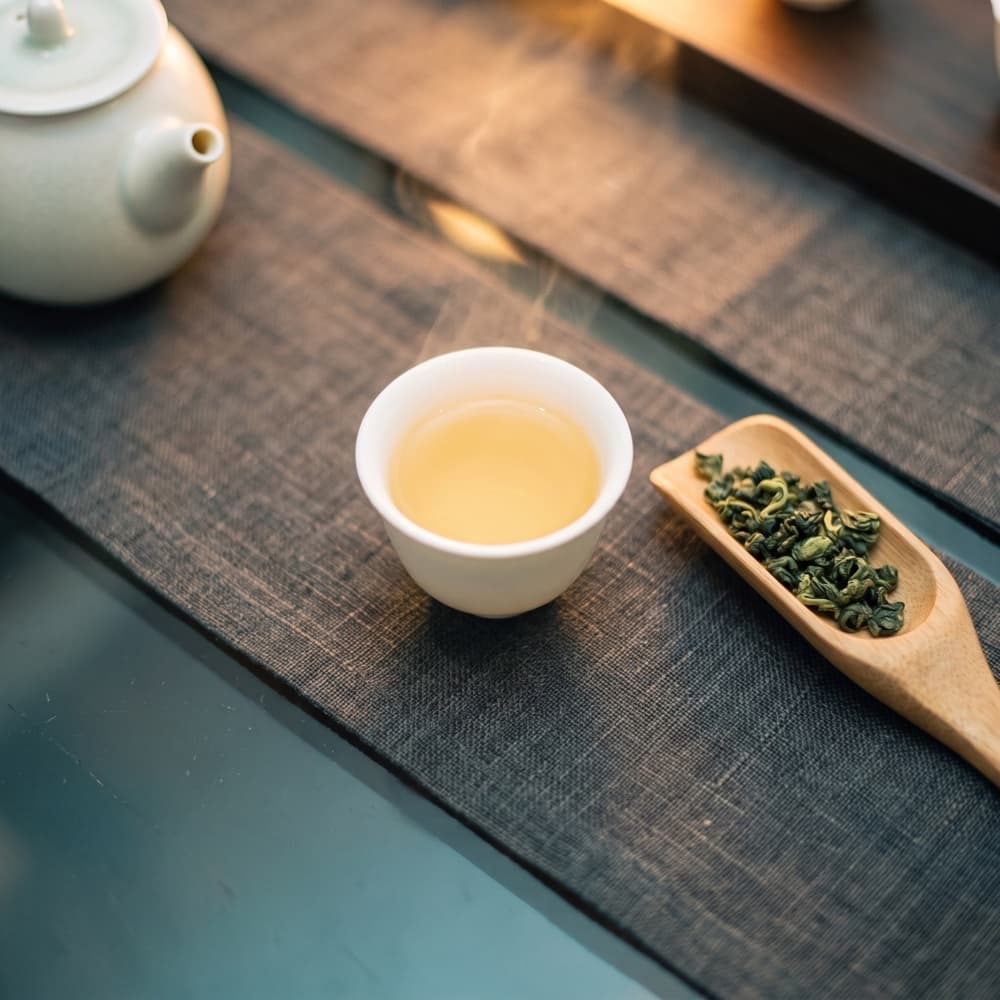 Mood image: Alishan oolong, pale gold liquor and rolled leaves