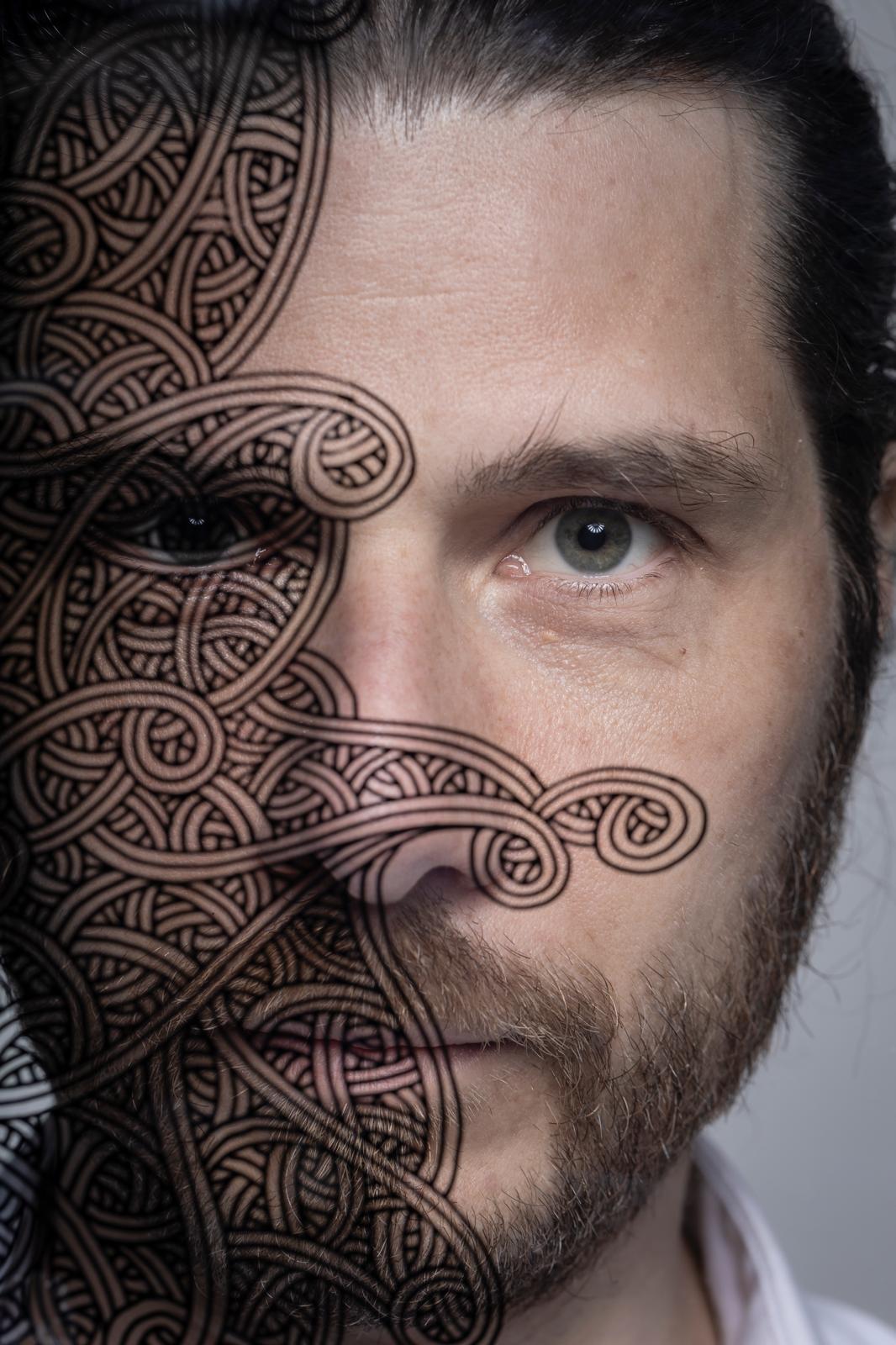 Portrait of Jordane Saget, his face half covered by his own interlacing lines