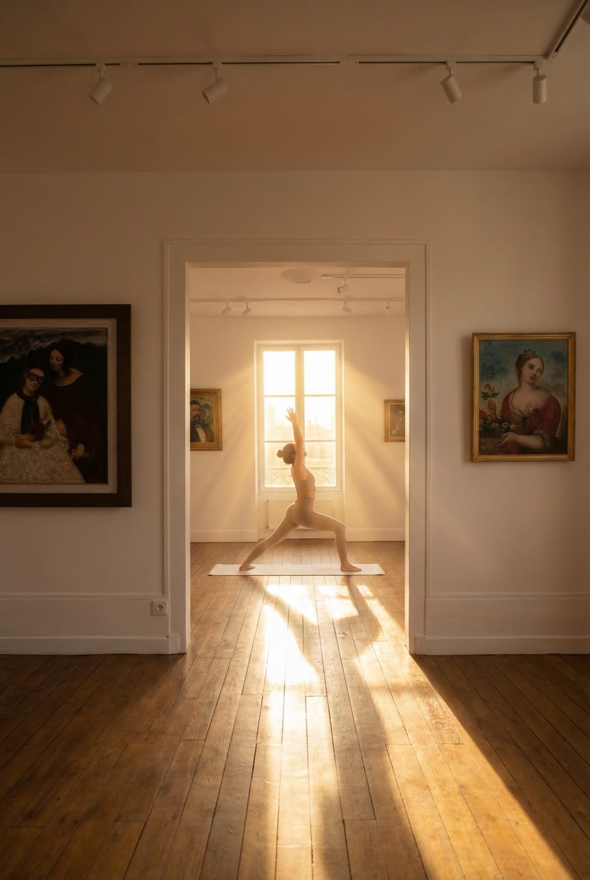 Posture de yoga dans les galeries du LabMusée, en lumière dorée, entre les toiles